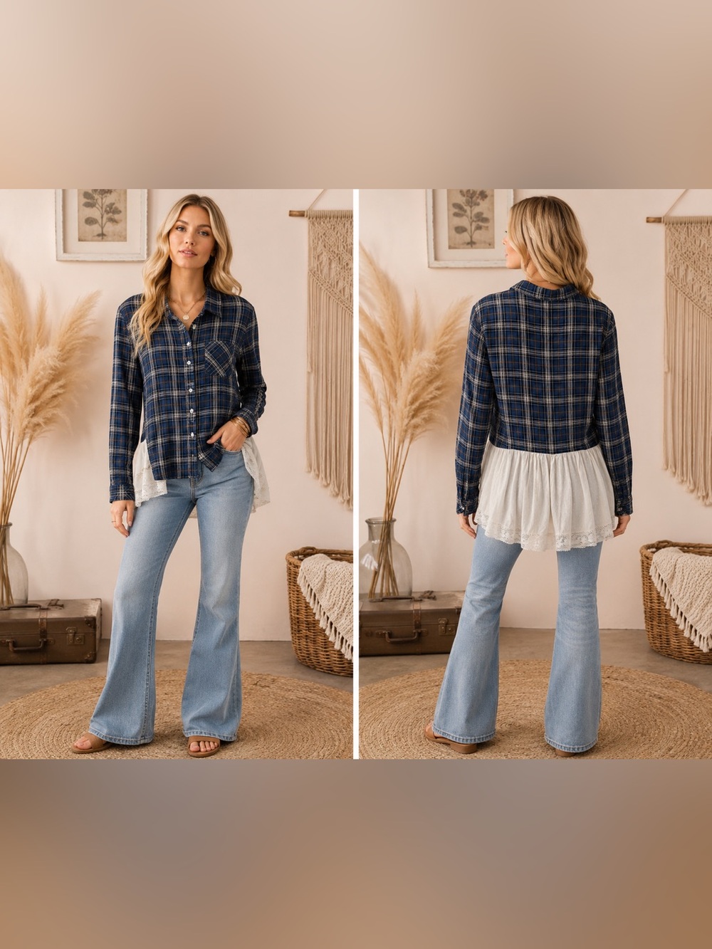 Hem & Thread Navy Plaid Button-Down Top with Cream Lace Hem